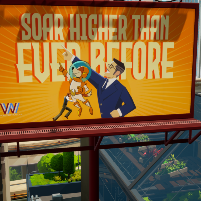 Screenshot aus dem Spiel American Arcadia. Man sieht eine der Hauptfiguren Trevor wie er vor einem großen Leinwandplakat springt. Auf dem Plakat steht Soar Higher Than Ever Before und man sieht den fiktiven Medienmogul Don Walton mit seinem AMskotten einem Hund im Astronautenanzug