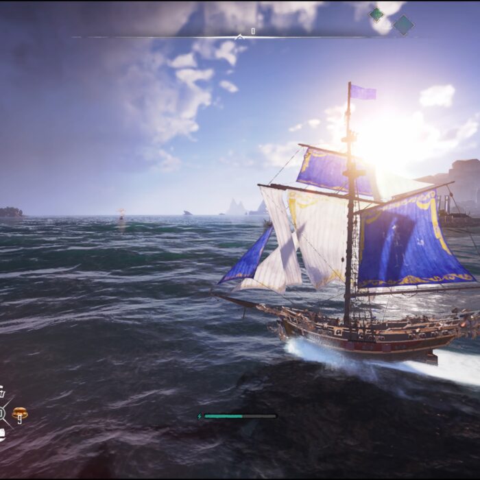 Szene aus dem Computerspiel Skull & Bones. Ein Segelschiff auf dem Meer . Im Hintergrund zieht ein Sturm auf, man sieht einen Blitz.